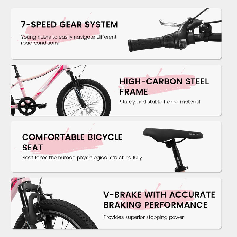 20" Children's Bicycle Shock Absorbing Front Fork 7 Speed V Brakes Mountain Tire Boys And Girls Kids Bike For Outdoor Adventure - Pink by HouseOfZazla
