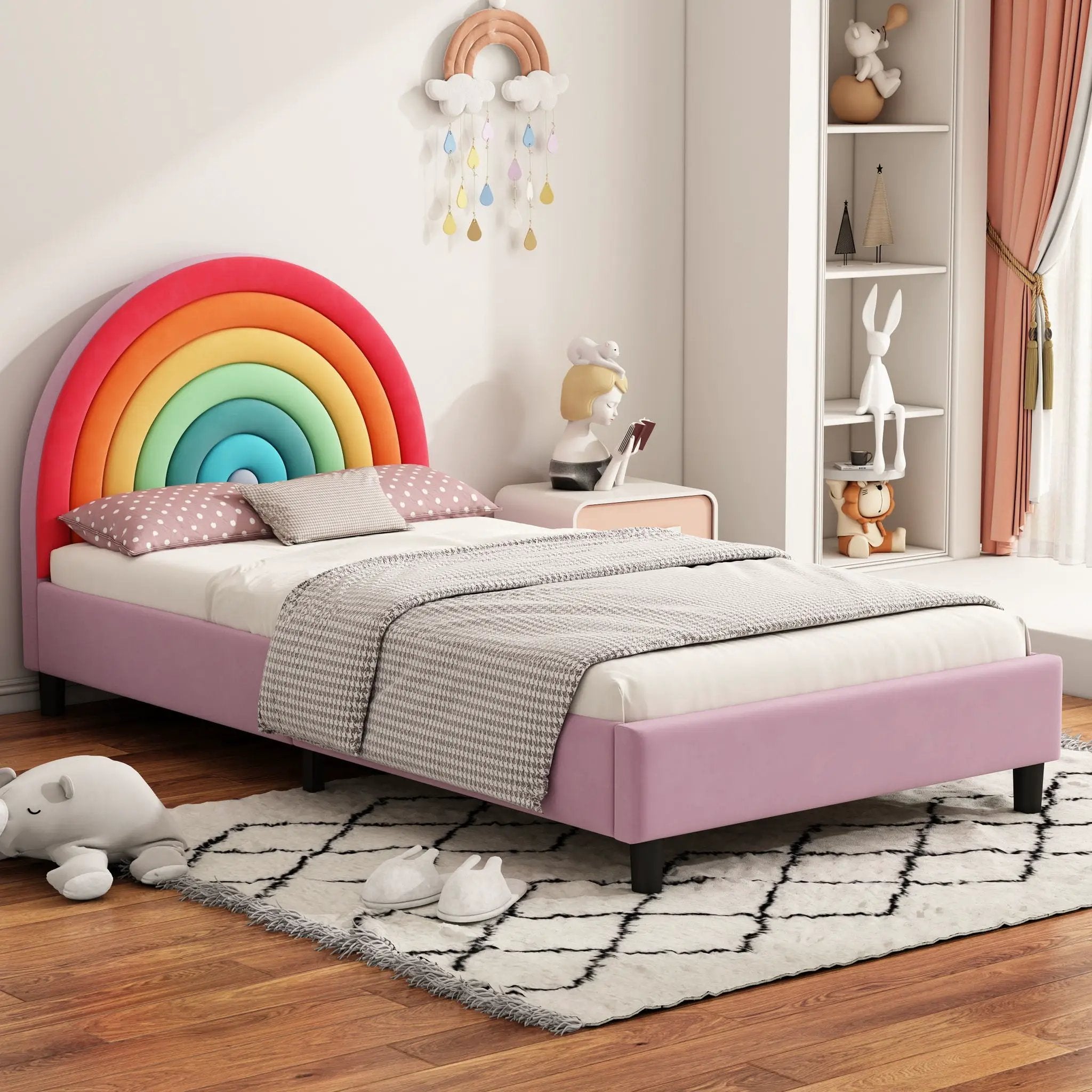 Rainbow Design Upholstered Twin Platform Bed Cute Style Princess Bed For Boys & Girls, Teens - Colorful / Pink by Unique Piece Furniture