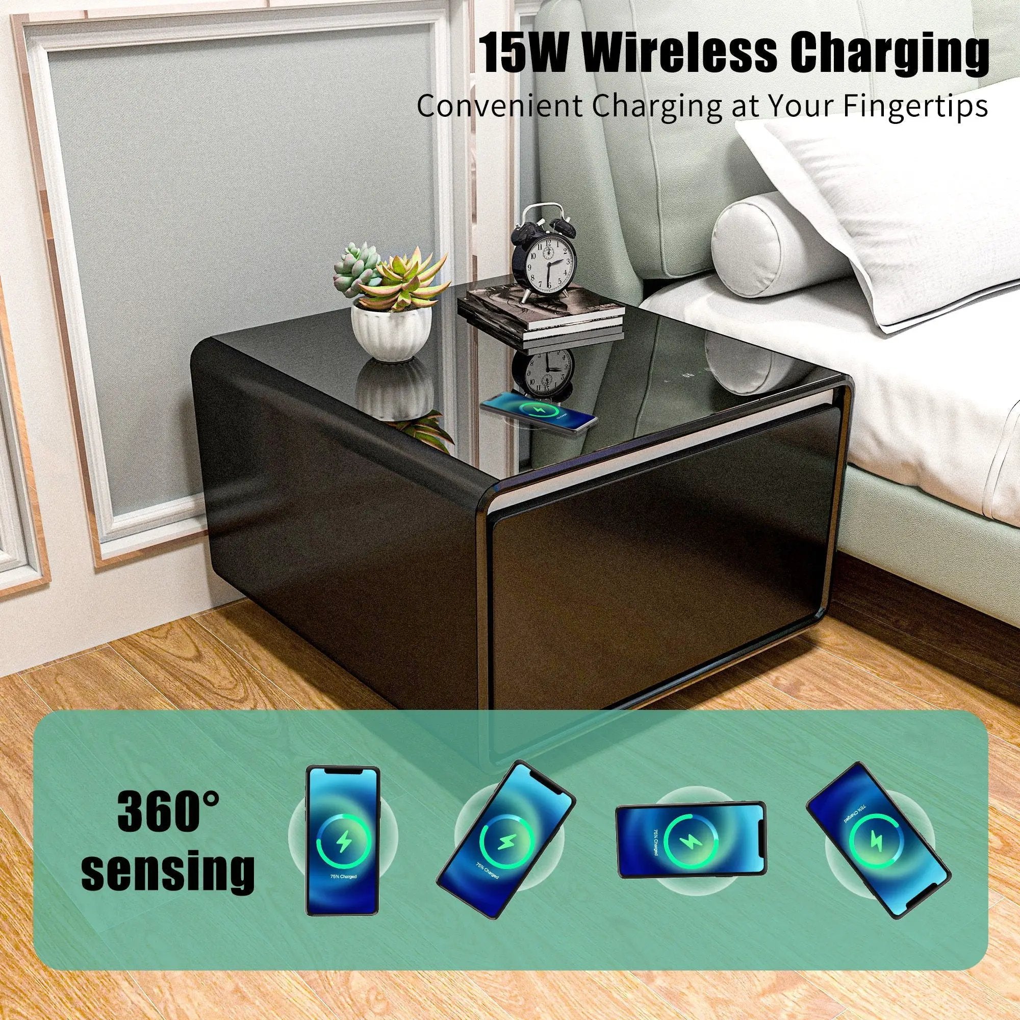 Modern Smart Side Table With Built-In Fridge, Wireless Charging, Temperature Control, Power Socket, USB Ports, Outlet Protection, Induction Light by Unique Piece Furniture