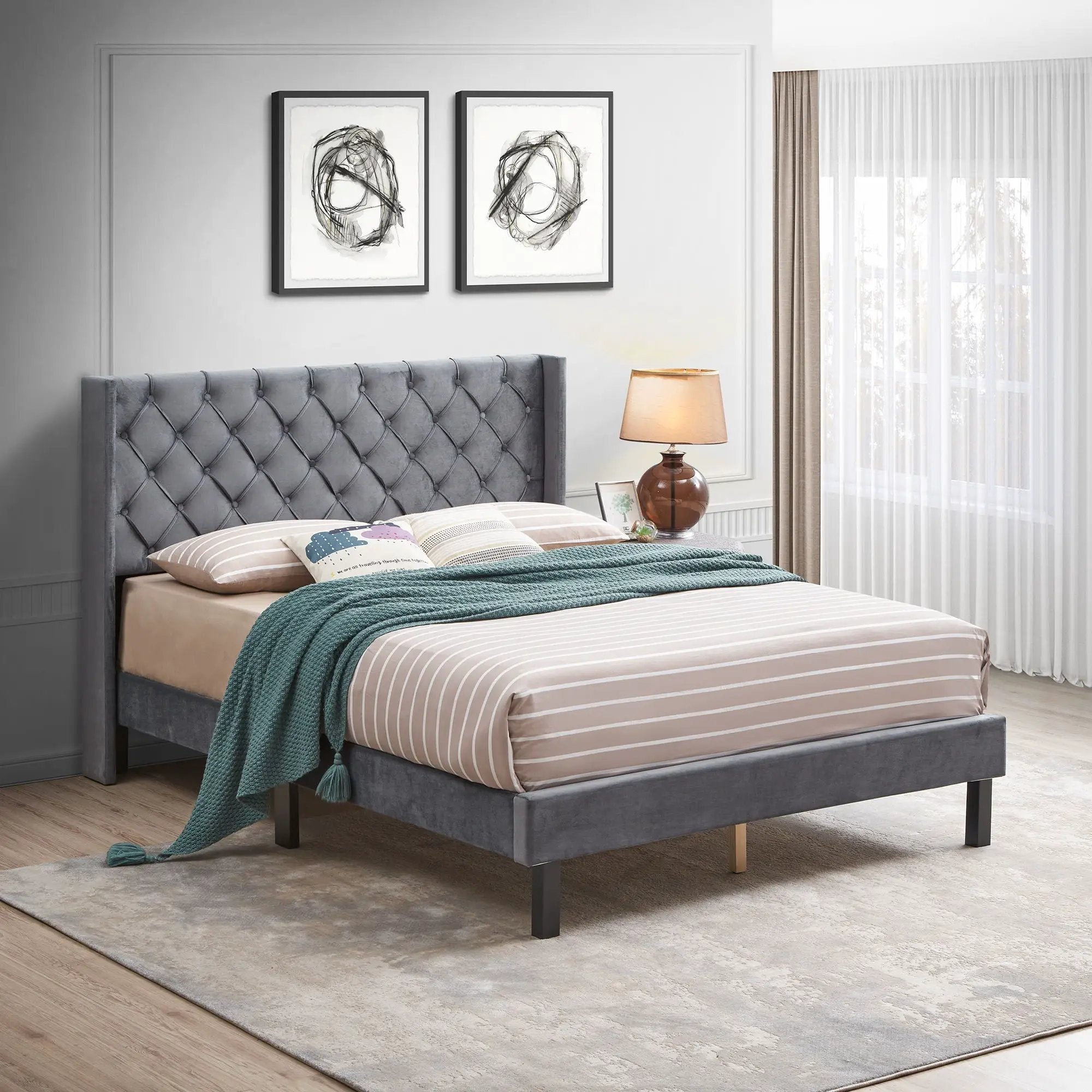 Queen Platform Tufted Upholstered Bed With Wings Design, Strong Wood Slat Support - Gray by Unique Piece Furniture