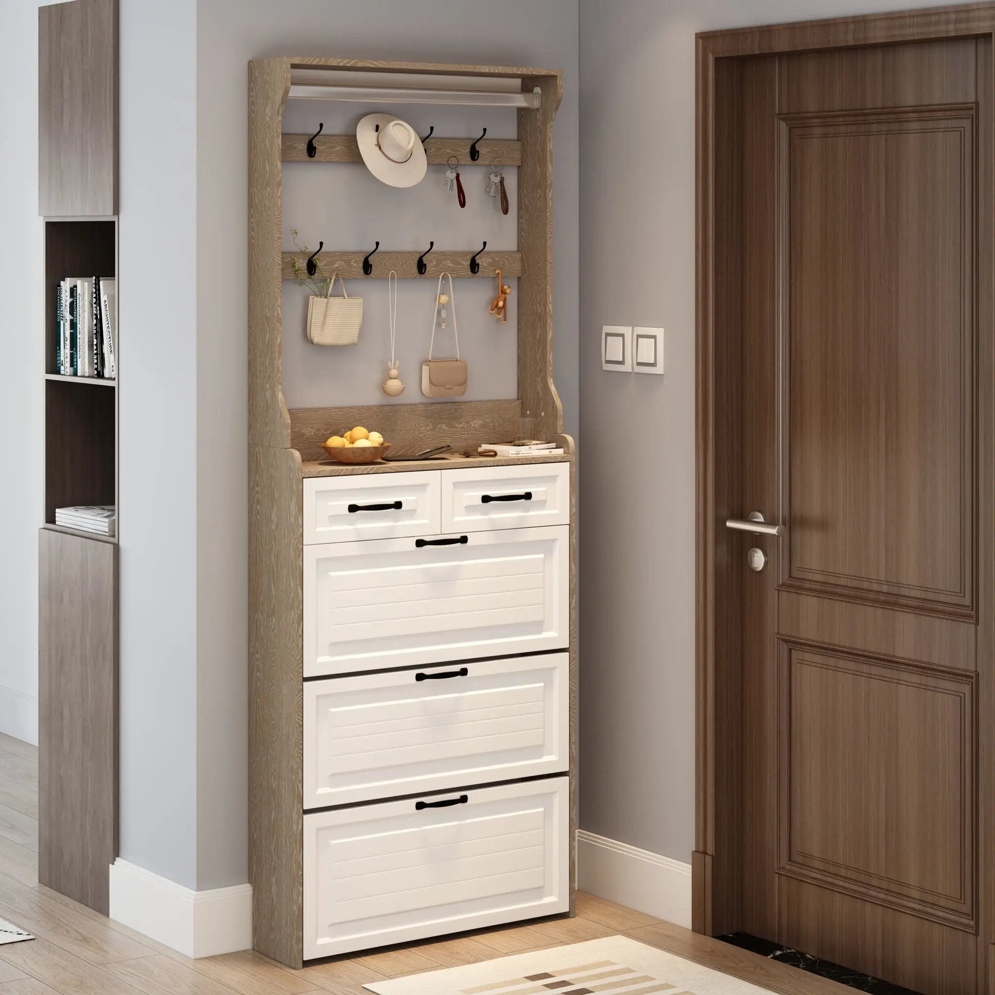 Shoe Cabinet With 3 Doors 2 Drawers With Hanger, Door With Shape, Large Space For Storage by HouseOfZazla