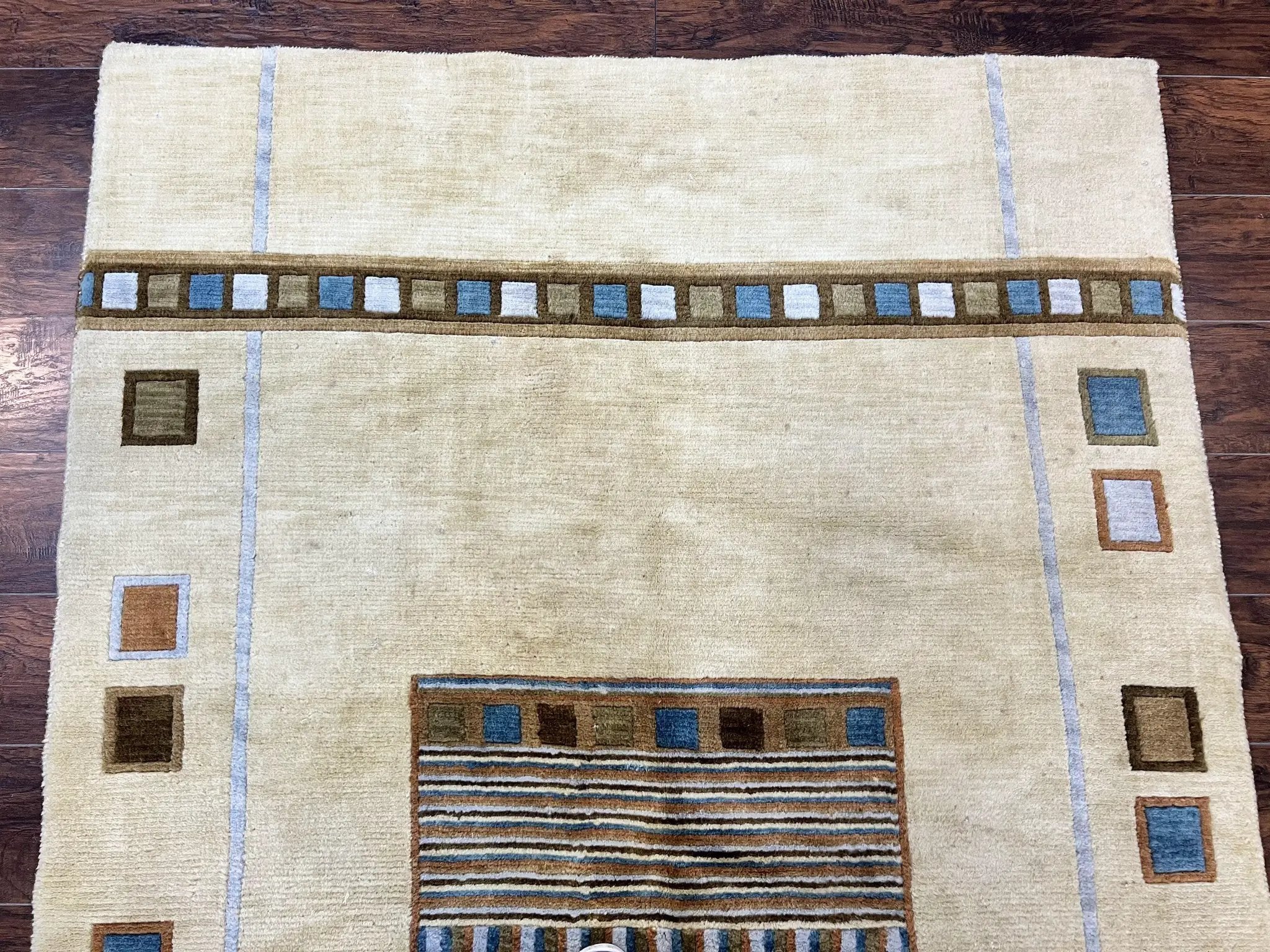Tibetan Rug 5x8, Contemporary Rug 5 x 8 ft, Cream Brown Blue Hand-Knotted Wool w/ Silk Highlights Tibetan Carpet, Modern Rug by Jewel Rugs