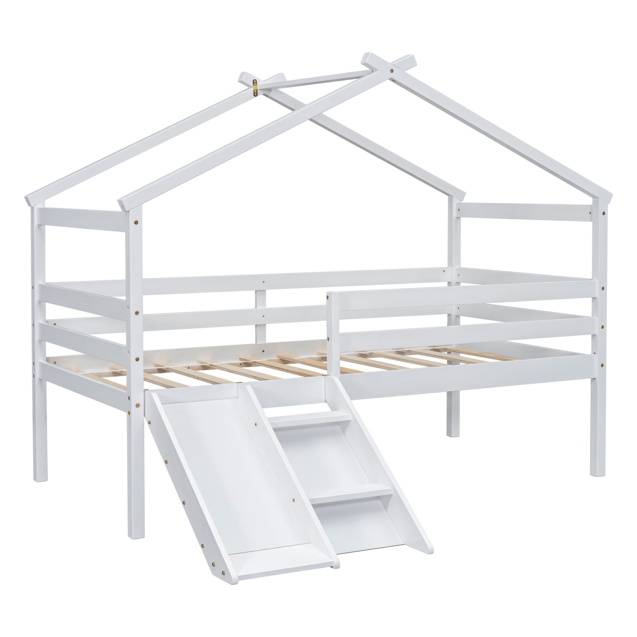 Low Loft House Bed With Slide, Ladder, Safety Guardrails, House Roof Frame by HouseOfZazla