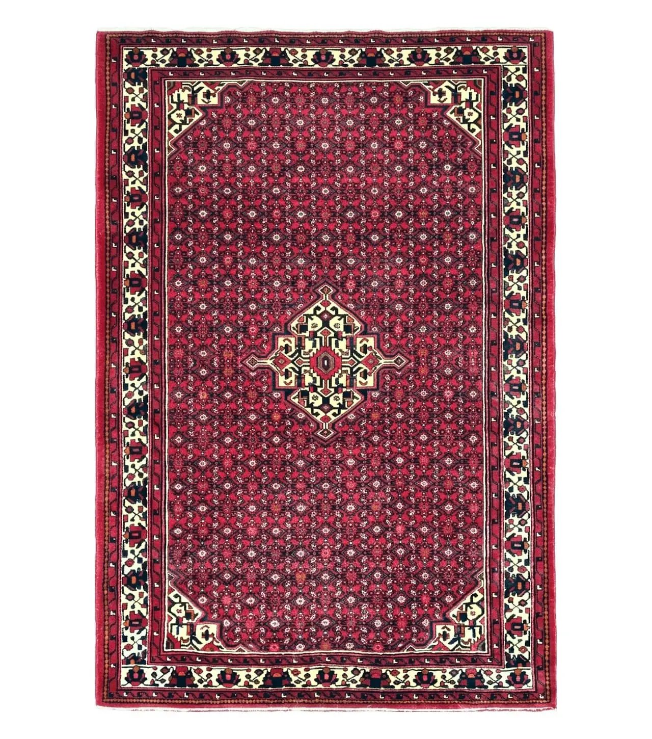 Vintage Persian Hamedan Rug 7x10, Angelas Mahi Pattern, Red, Wool, Hand-Knotted by Jewel Rugs