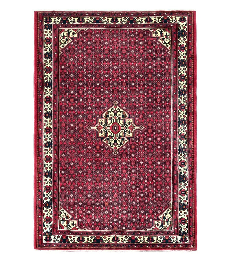 Vintage Persian Hamedan Rug 7x10, Angelas Mahi Pattern, Red, Wool, Hand-Knotted by Jewel Rugs