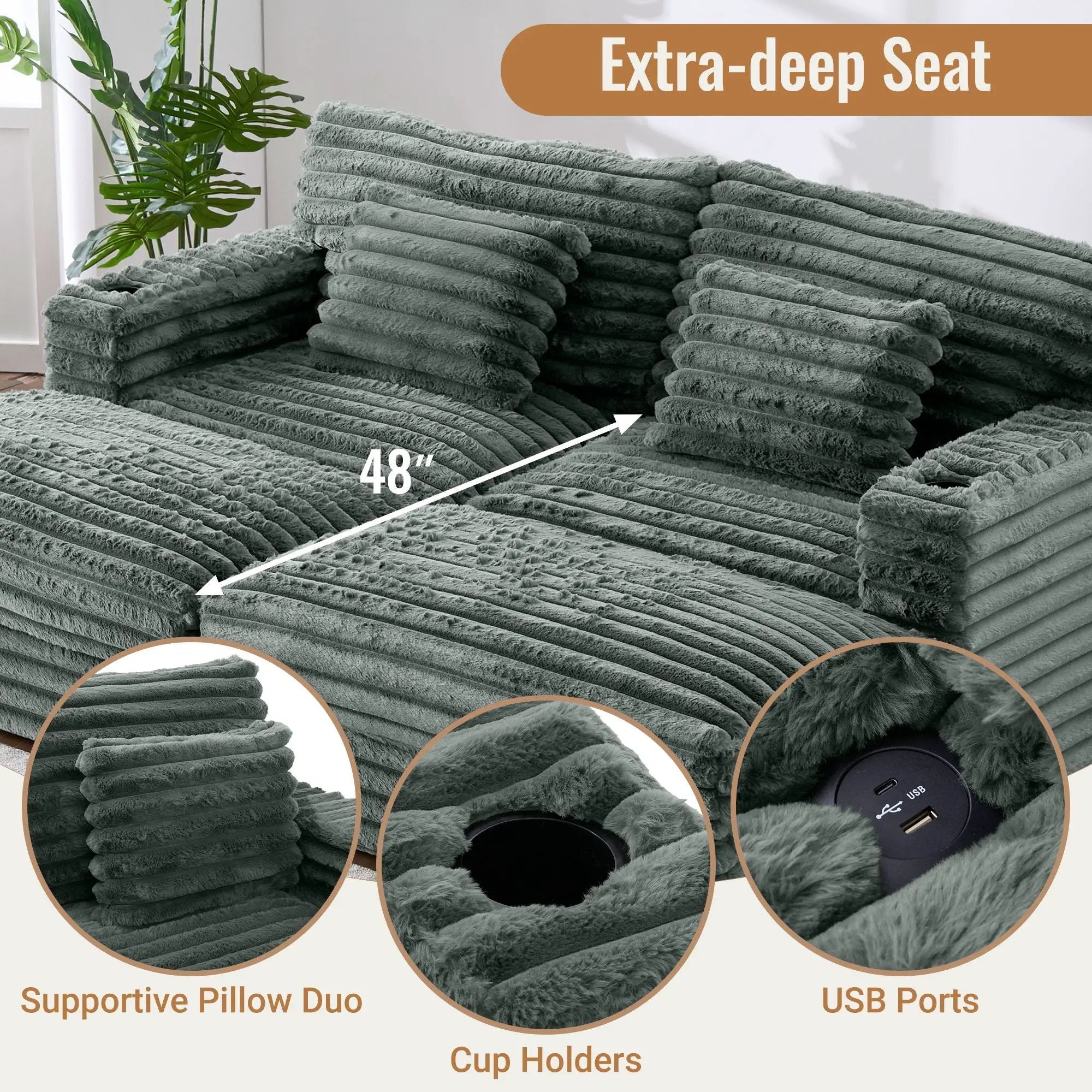 Oversized Double Chaise Lounge Sofa Bed With USB Ports And Cup Holders by Unique Piece Furniture
