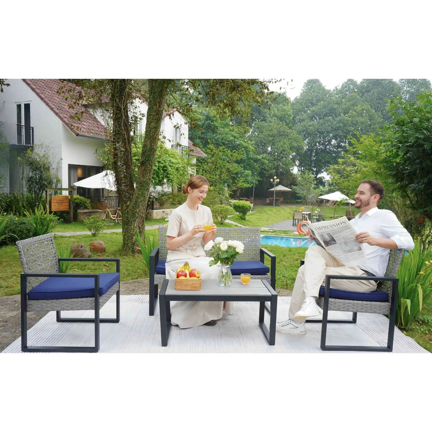 4 Piece Patio Furniture Set With Acacia Wood Table Top And Cushions by Unique Piece Furniture
