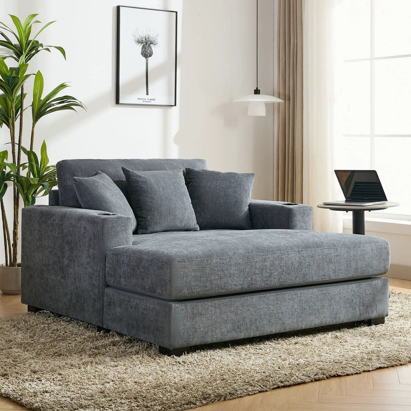 Oversized Chaise Lounger Modern Style Sofa Couch With Pillows, Charge Station & Cup Holders by HouseOfZazla