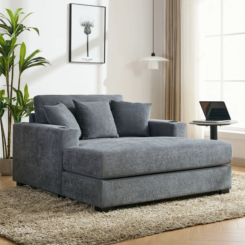 Oversized Chaise Lounger Modern Style Sofa Couch With Pillows, Charge Station & Cup Holders by HouseOfZazla
