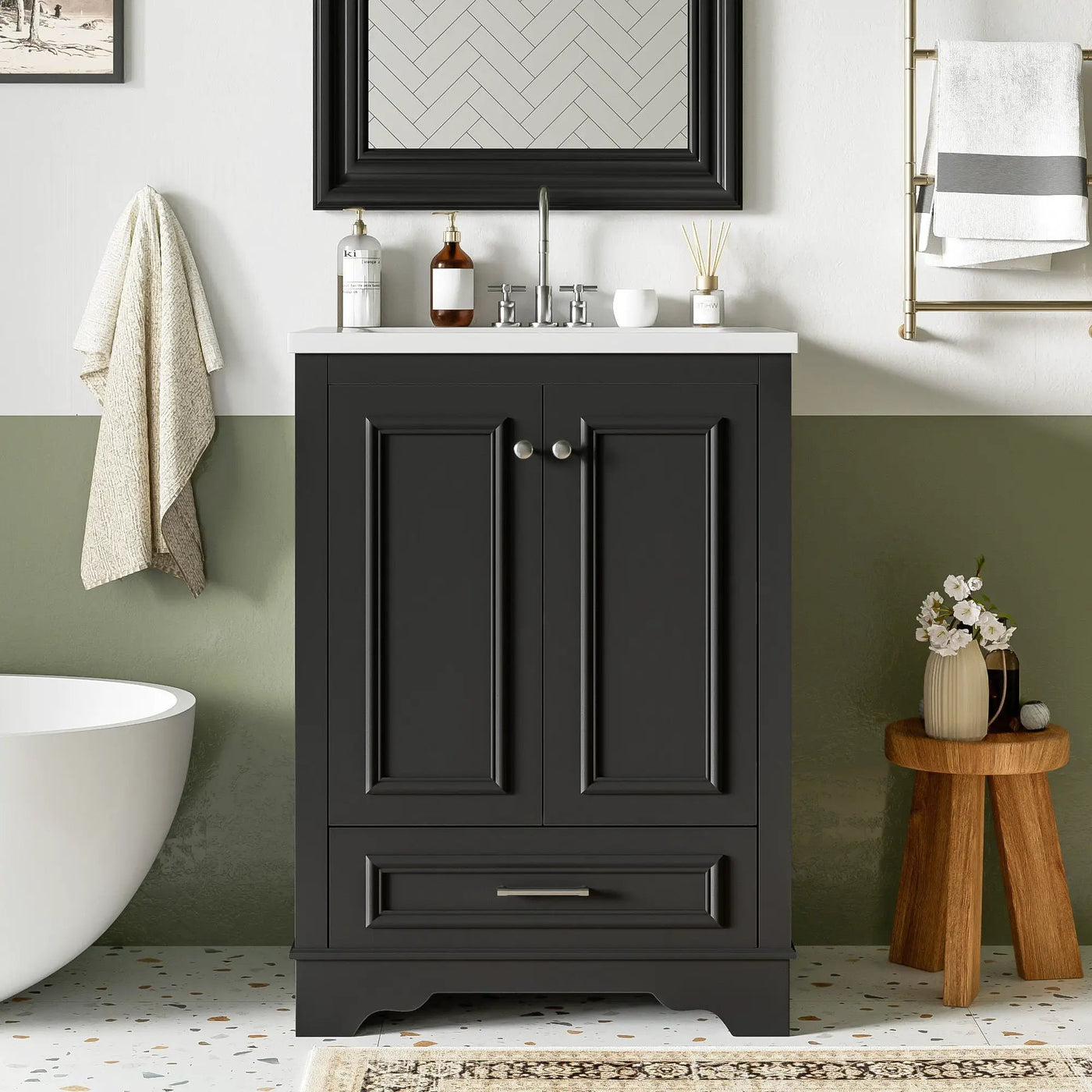 Bathroom Vanity With Ceramic Sink Combo, Modern Freestanding Storage Cabinet With Silver Handles by HouseOfZazla