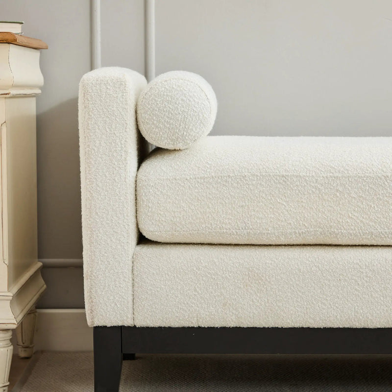 Elegant Upholstered Bench, Daybed, Ottoman With Wood Legs & Bolster Pillows - Ivory Boucle by HouseOfZazla