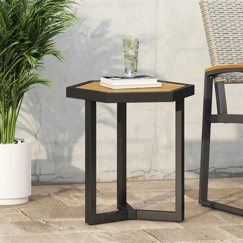 Outdoor Side Table With Iron Base And Slatted Top - Brown by HouseOfZazla