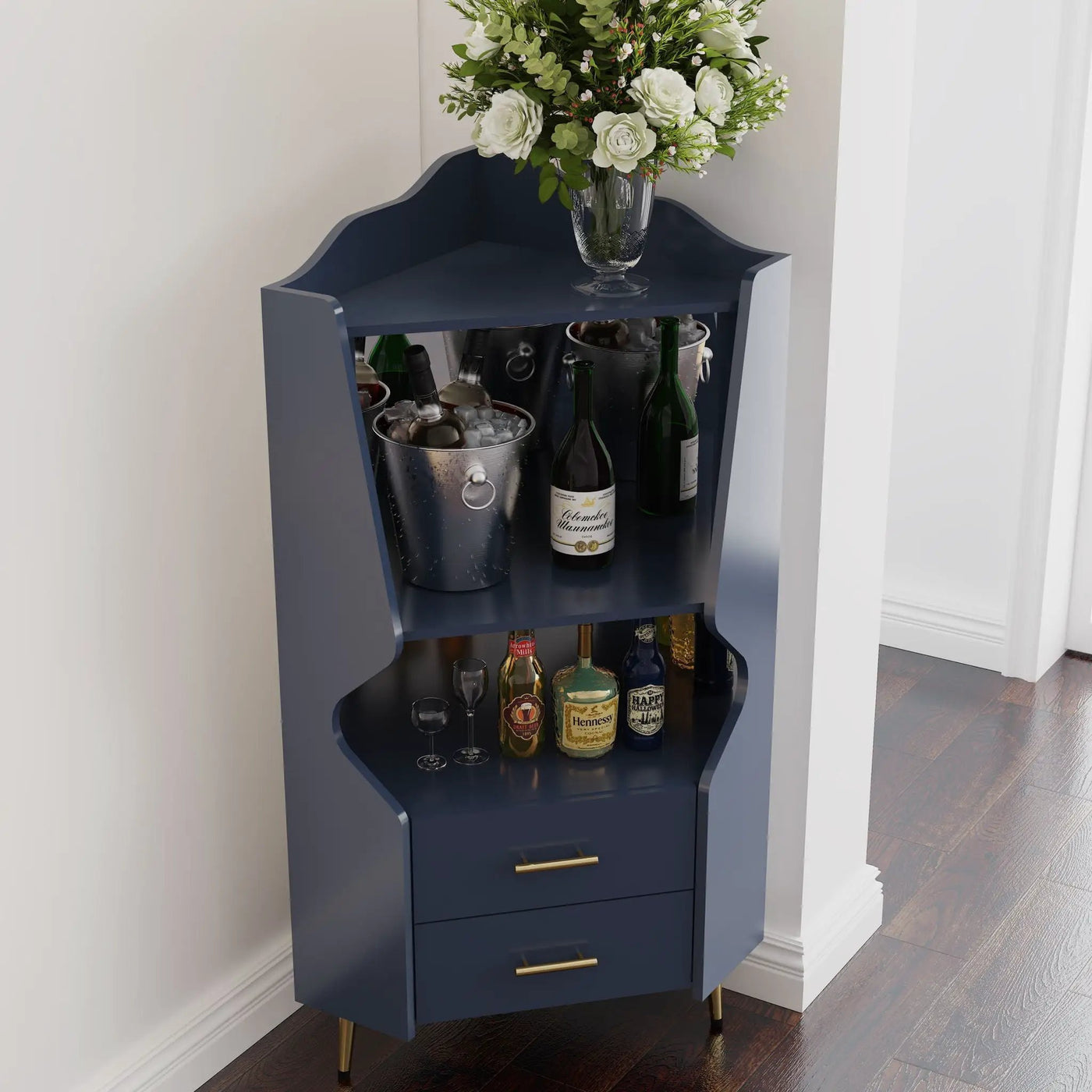 Corner Bar Cabinet With Mirrored Back, 2 Open Shelves & 2 Drawers by HouseOfZazla