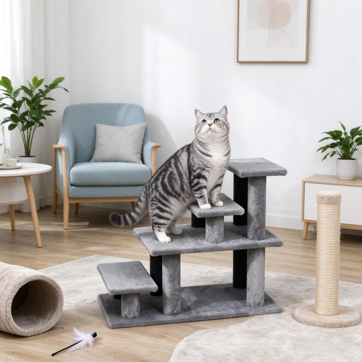 Modular Pet Cat Stairs with Flexible Setup - Particleboard & Plush, Gray/Black, photo 4 of 9