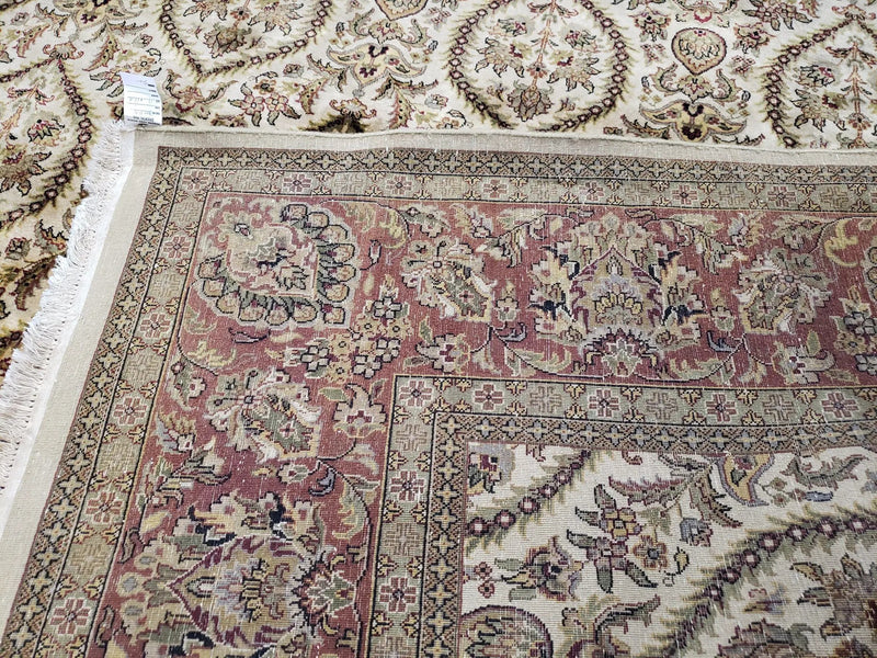 Vintage Indo Persian Area Rug 9x12, Wool Hand-Knotted Ivory & Dark Red Oriental Carpet, Fine Weave 9 x 12 Indian Rug, Dining Room Rug by Jewel Rugs