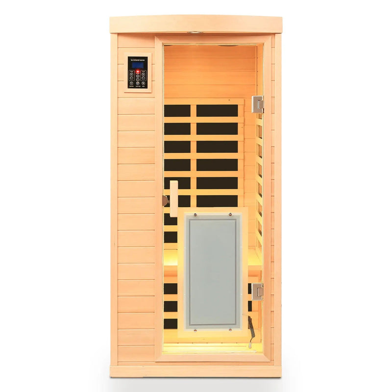 Low Emf Front Door With Heating Panel 1 People Hemlock Far Infrared Indoor Sauna Room - Natural by HouseOfZazla