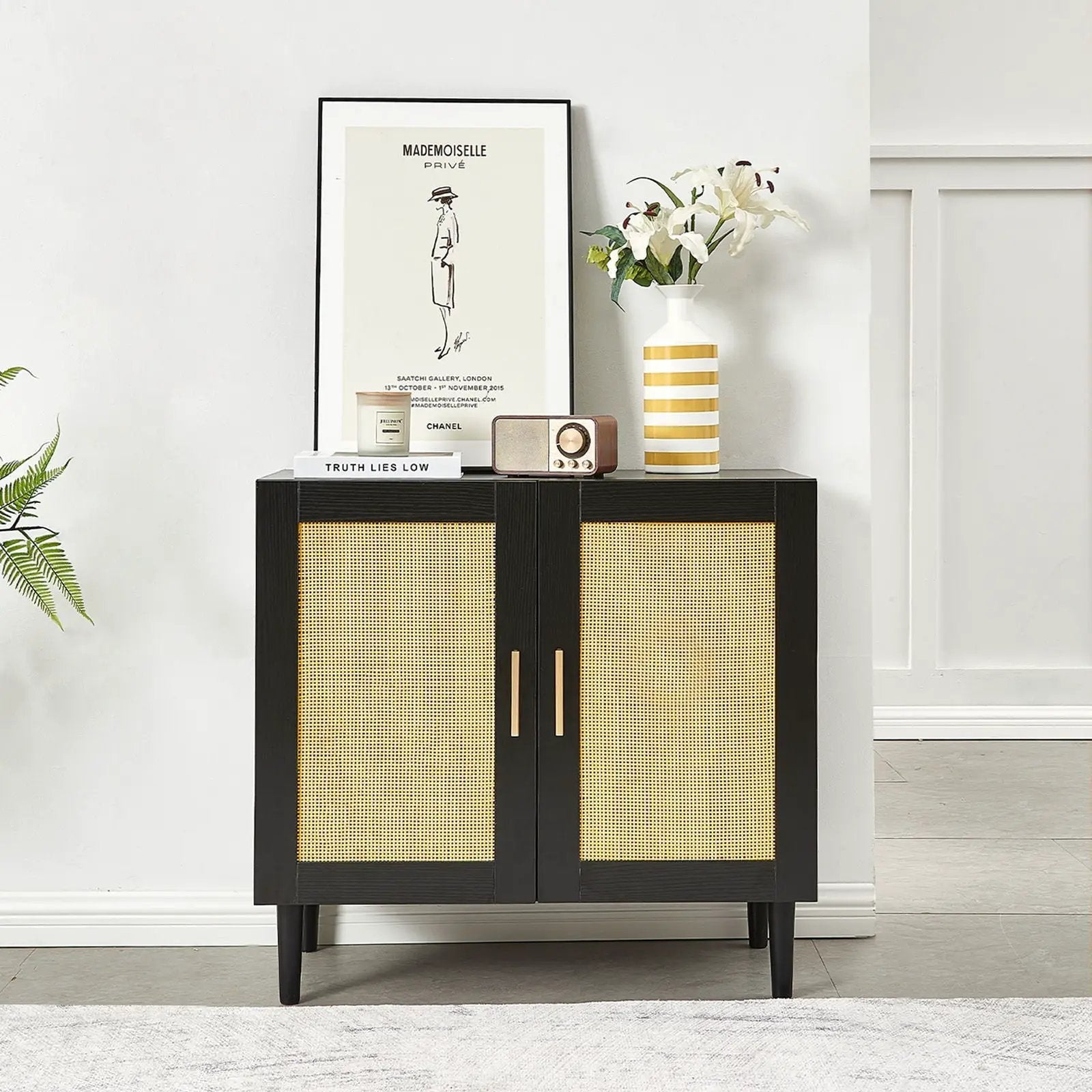 Side Panel Buffet Cabinet With Natural Rattan Door, Rattan Storage Cabinet With Adjustable Shelves, Side Panel And Buffet With Storage Space, Modern Console Cabinet In Bedroom And Living Room - Black / Beige by Unique Piece Furniture