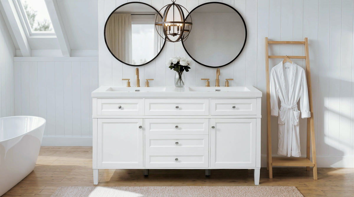59.1" Modern Bathroom Vanity with Resin Sink and Soft-Close Storage - White, photo 3 of 10