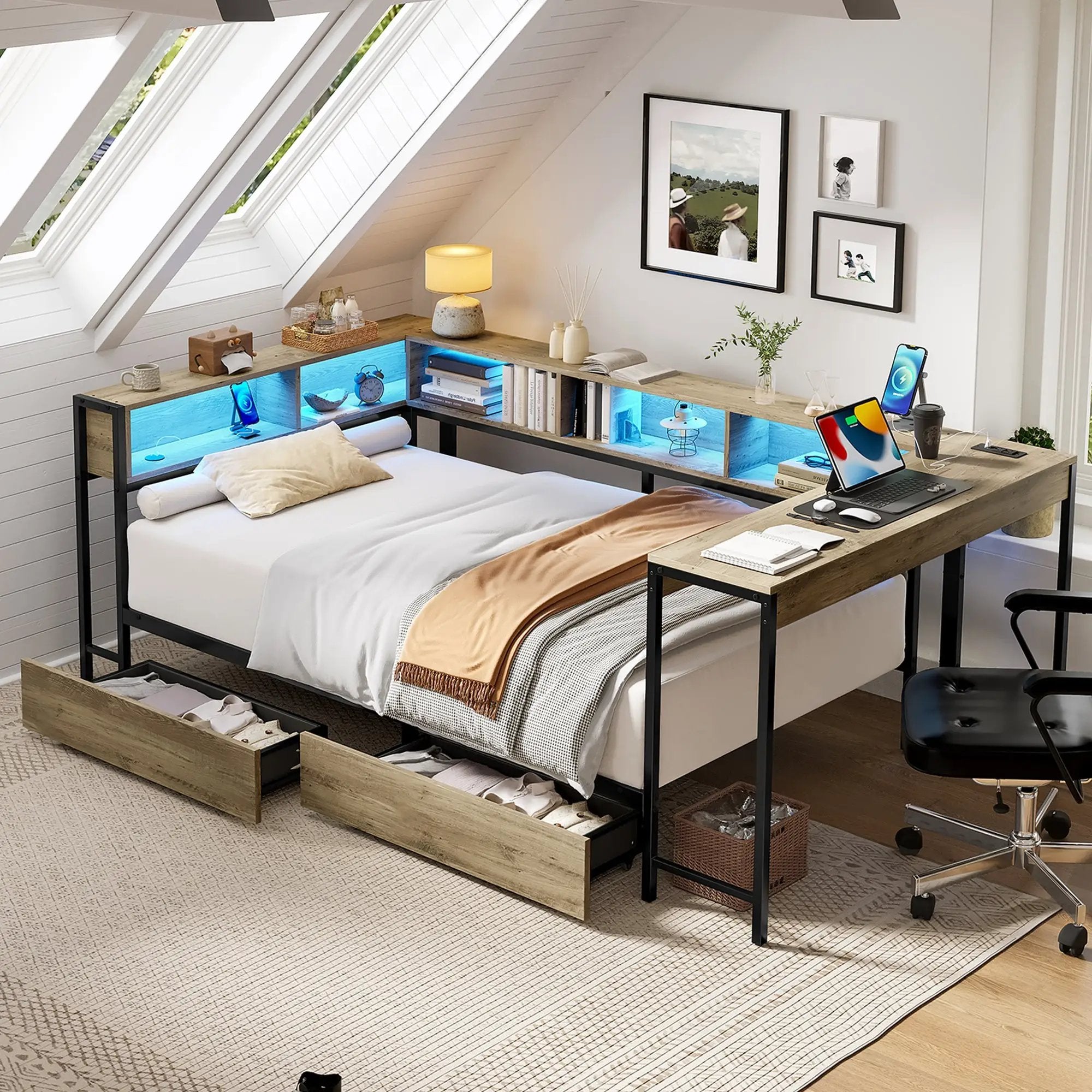Corner Bed Frame Full Size with Bookcase and Storage Drawers by HouseOfZazla