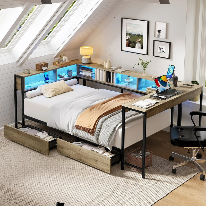Corner Bed Frame Full Size with Bookcase and Storage Drawers by HouseOfZazla