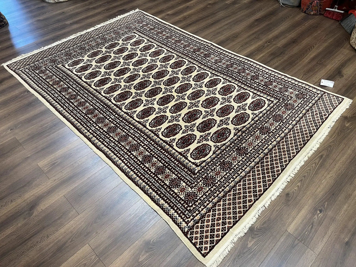 Pakistani Turkoman Rug 6x9, Cream and Red Hand Knotted Wool Oriental Carpet, Yamud Rug, Tribal Rug 6 x 9, Bohemian Area Rug, Bokhara Rug by Jewel Rugs