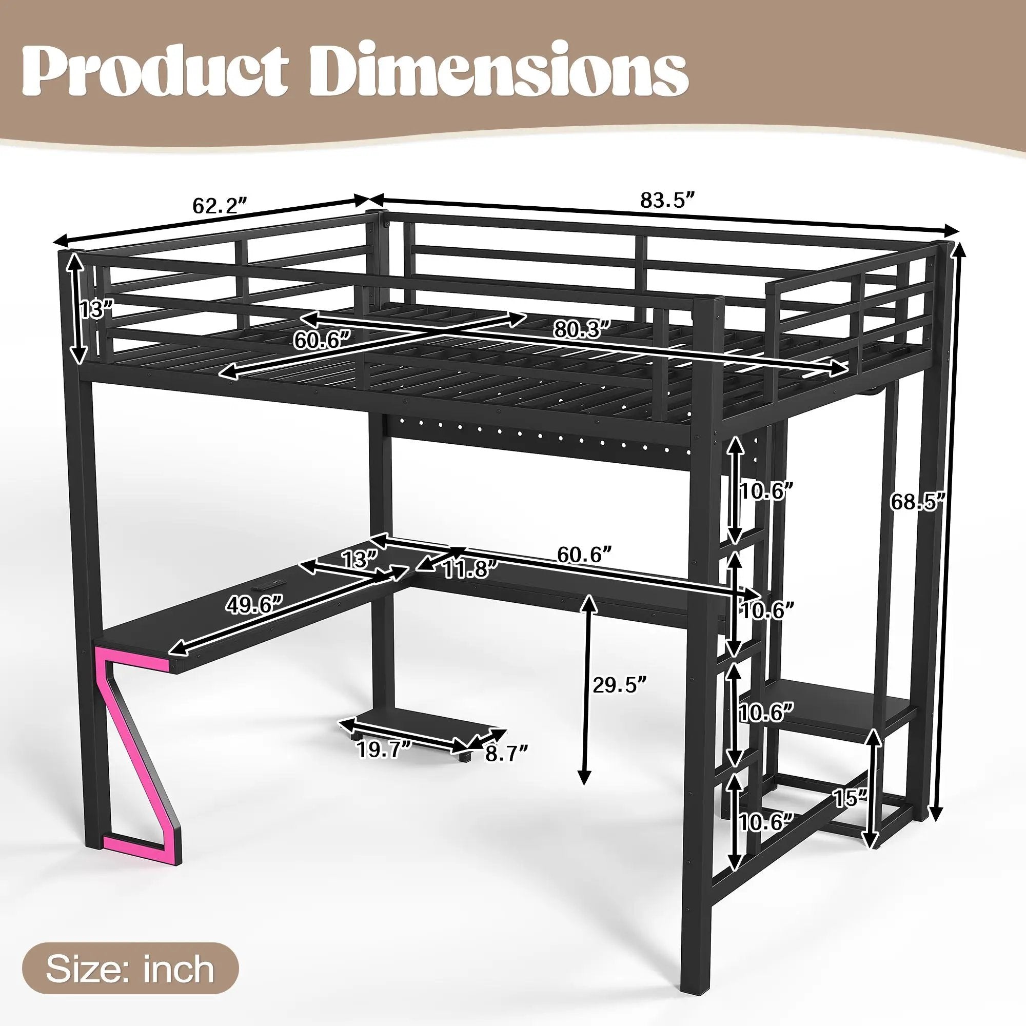 Queen Loft Bed with L-shaped Desk and USB Ports by HouseOfZazla