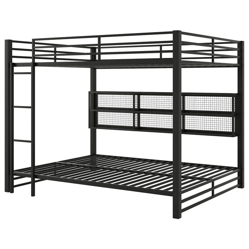 Queen Over Queen Bunk Bed With Storage Cabinets And LED Sturdy Frame, 6 Storage Units, Adjustable LED Lights - Black by HouseOfZazla