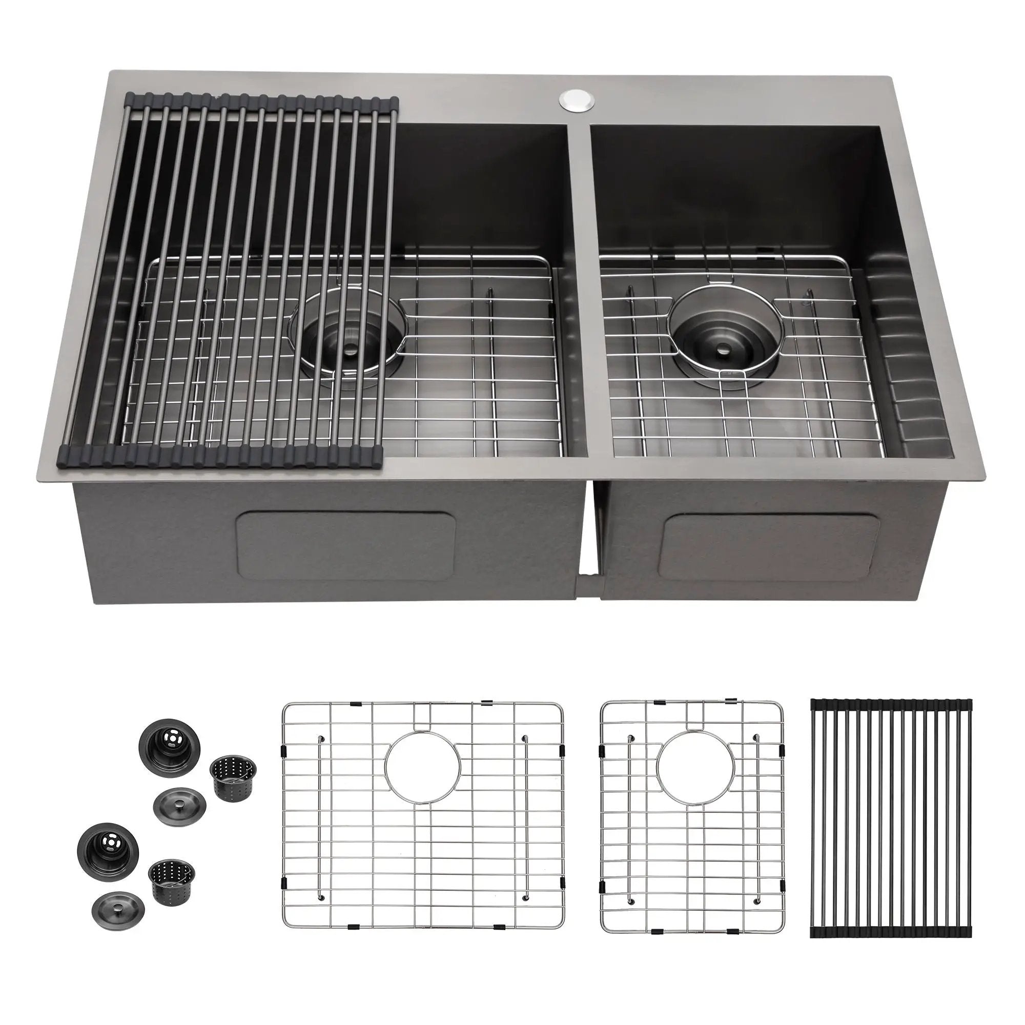 Double Bowl Drop-In Sink With 2 - 9" Deep Basins - Gunmetal Black by HouseOfZazla