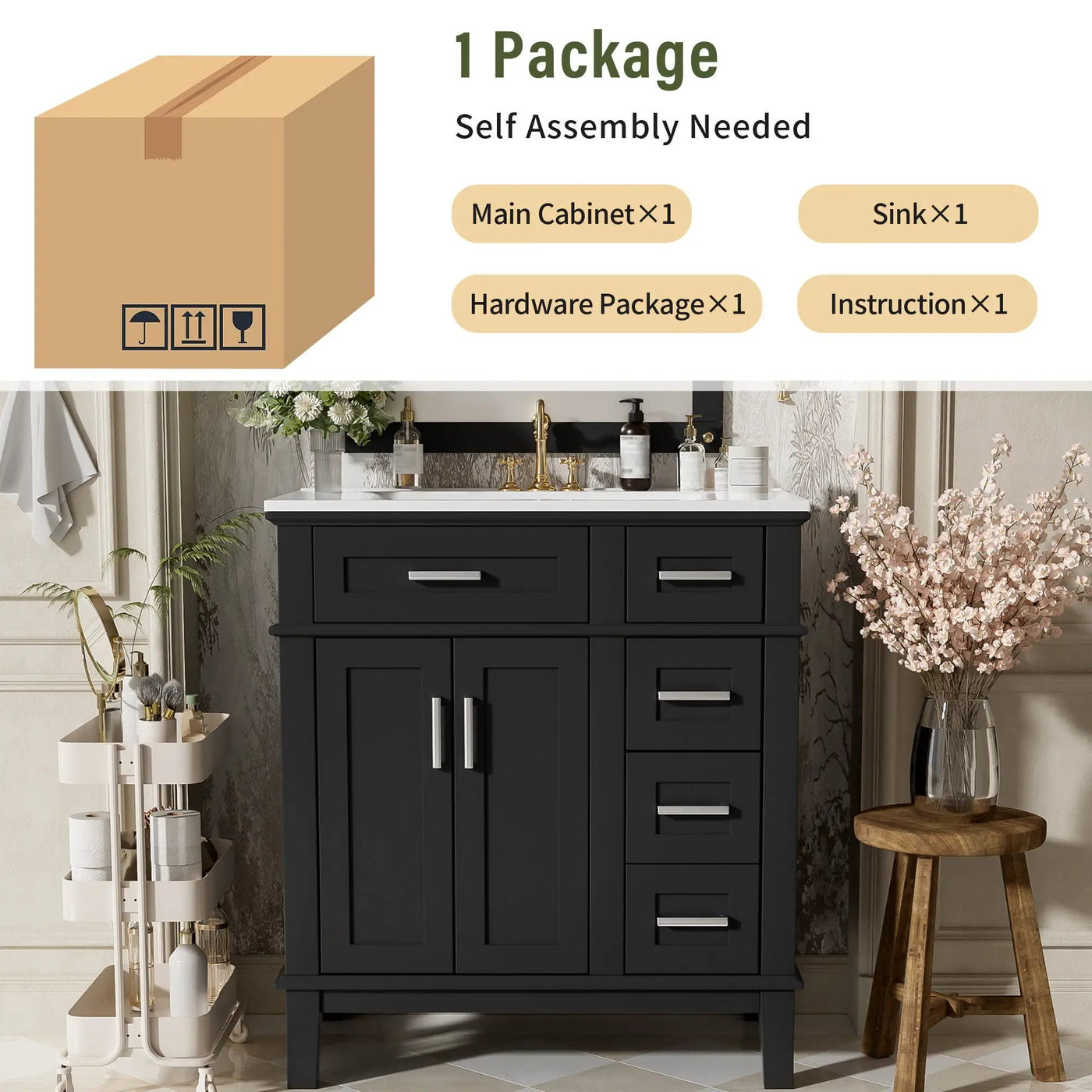 Modern Bathroom Vanity With Sink, Storage Cabinet, Soft Close Doors, Deep & Standard Drawers by HouseOfZazla