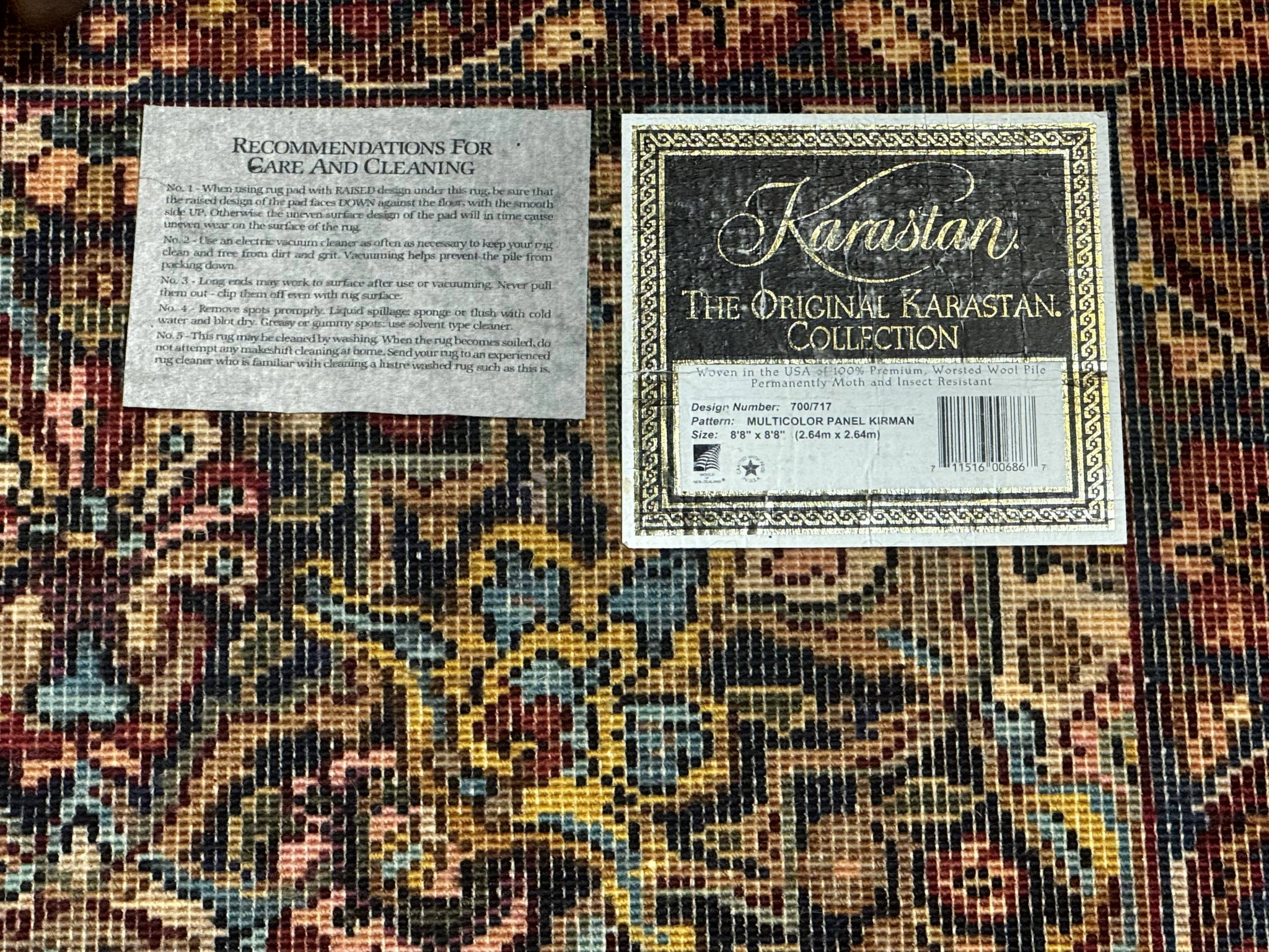 Square Karastan Multicolor Panel Kirman Rug #717, Rare Size 8.8 x 8.8, Original 700 Series, Wool by Jewel Rugs