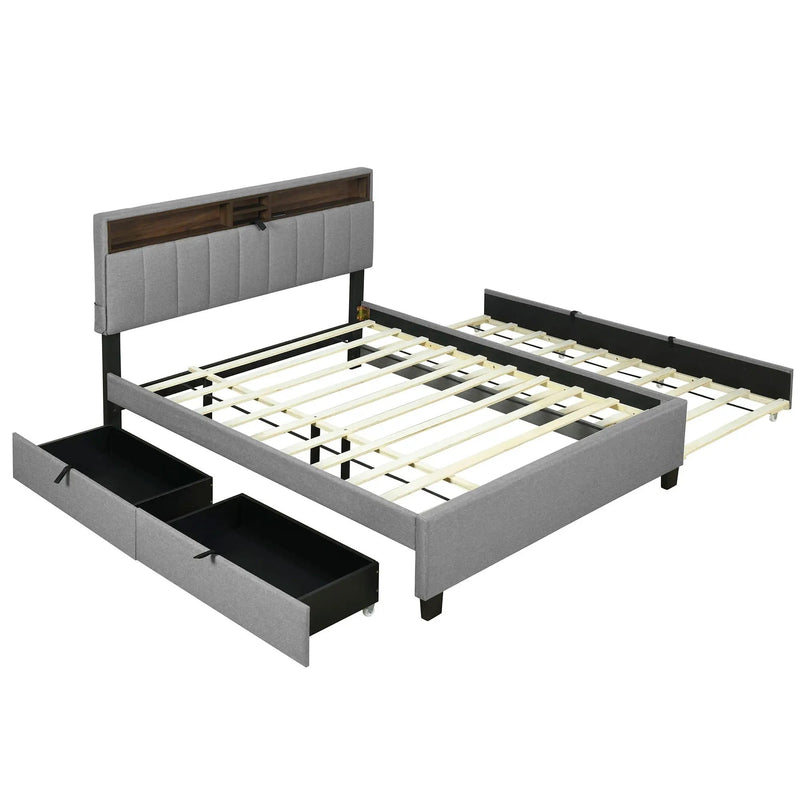 Upholstered Platform Bed With Storage Headboard, Trundle & 2 Drawers And A Set Of Sockets & USB Ports by Unique Piece Furniture