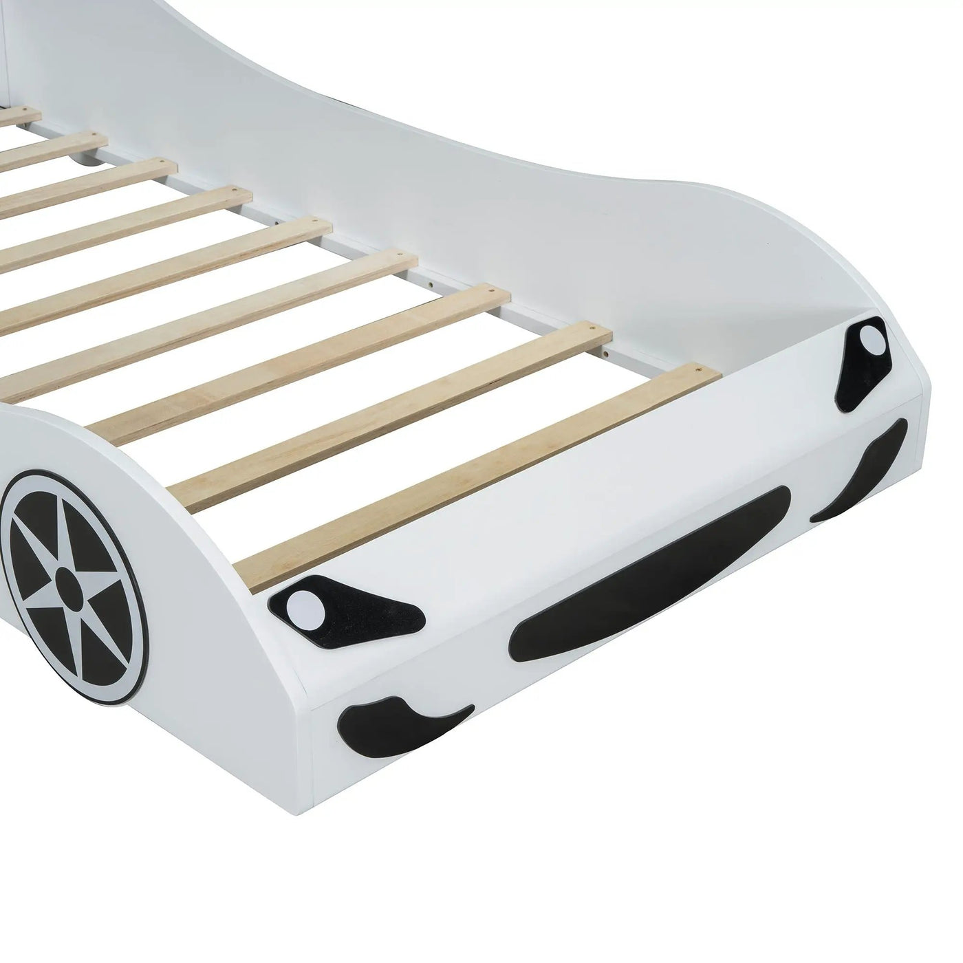 Race Car Shaped Platform Bed With LED And Upholstered Backrest In by HouseOfZazla