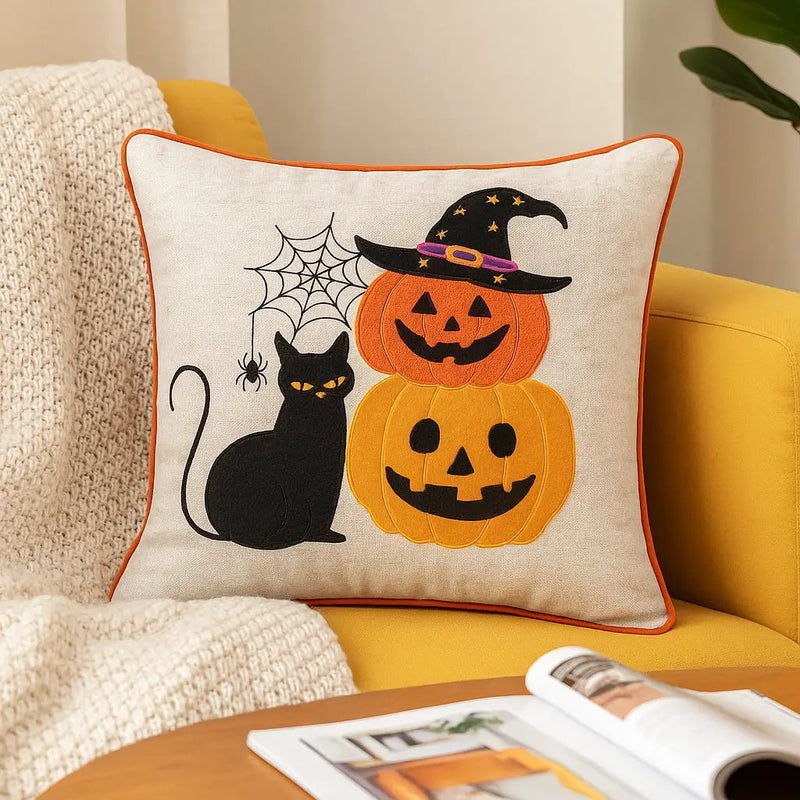 Embroidered Halloween Cat & Pumpkin Throw Pillow by HouseOfZazla