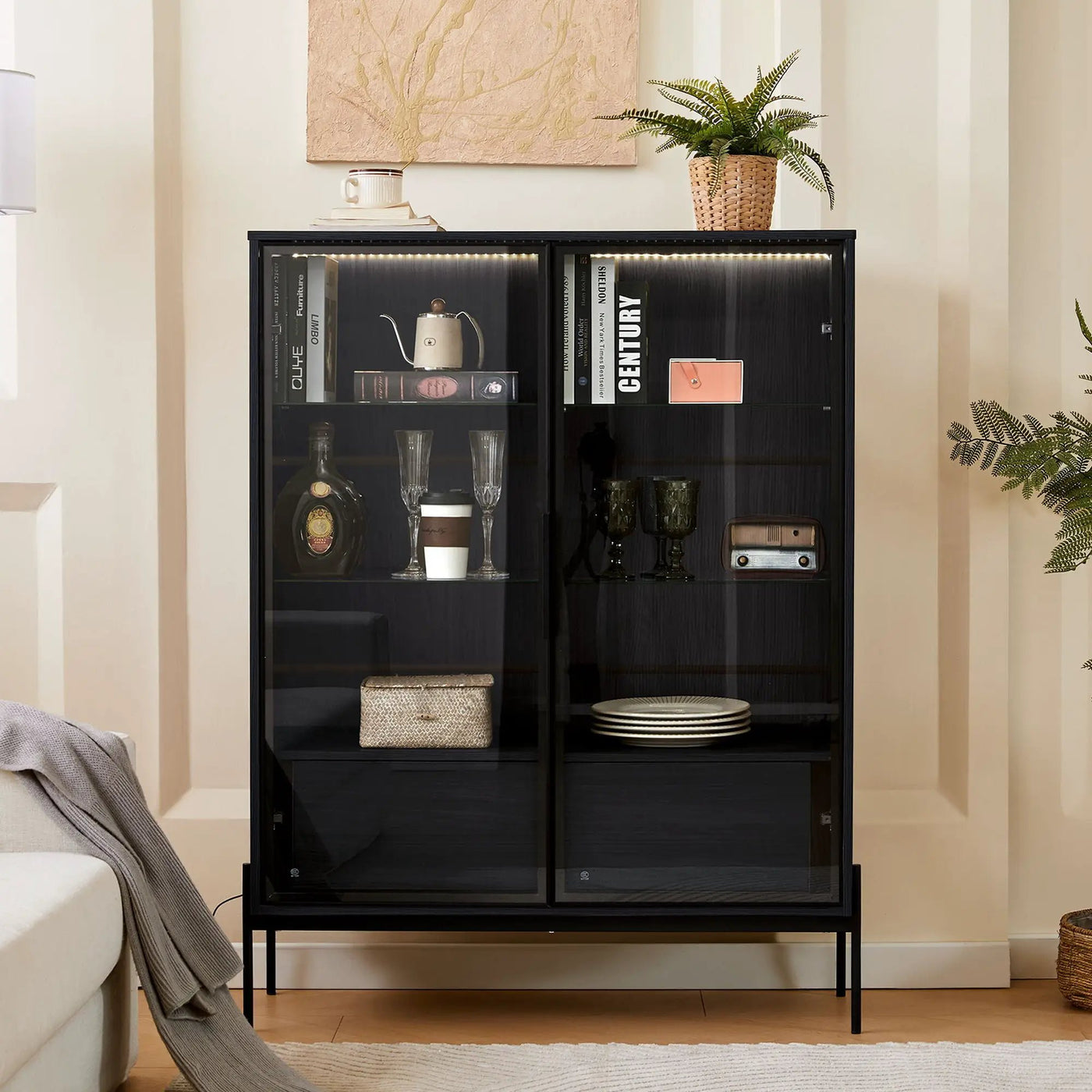 Modern Minimalist Style LED Curio Cabinet With Tempered Glass Door, Metal Legs by HouseOfZazla