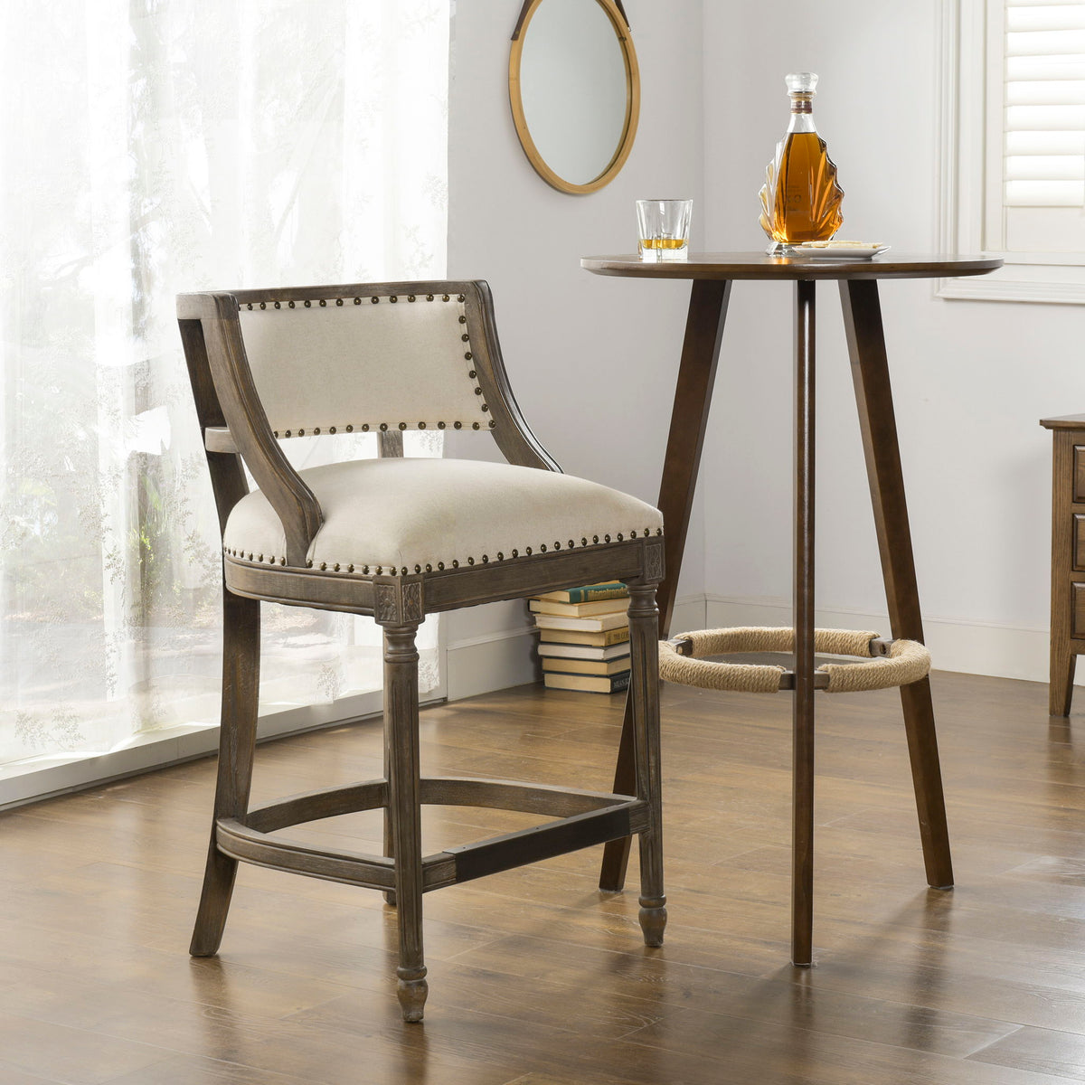 Farmhouse Counter Height Bar Stool with Backrest - Beige, photo 2 of 14