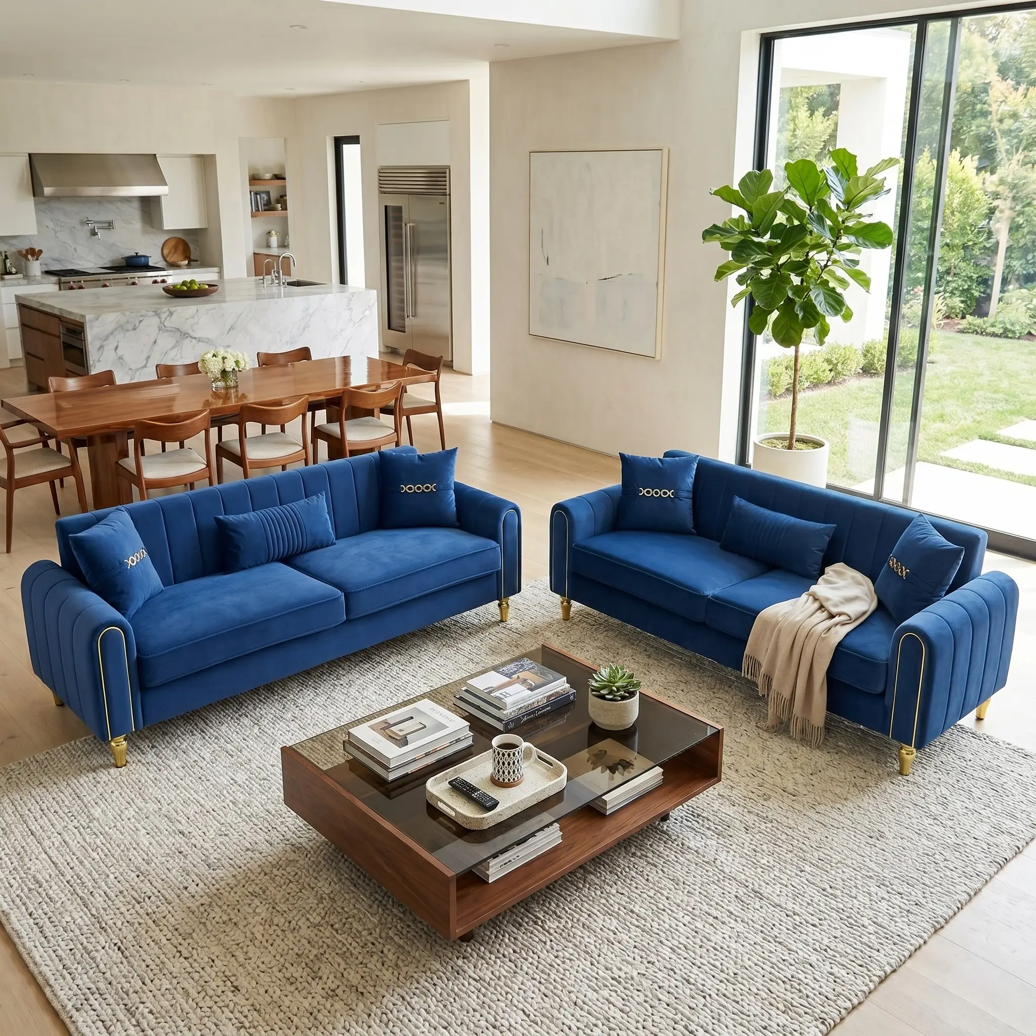 Vintage Blue Velvet 2-Piece Sofa Set by HouseOfZazla
