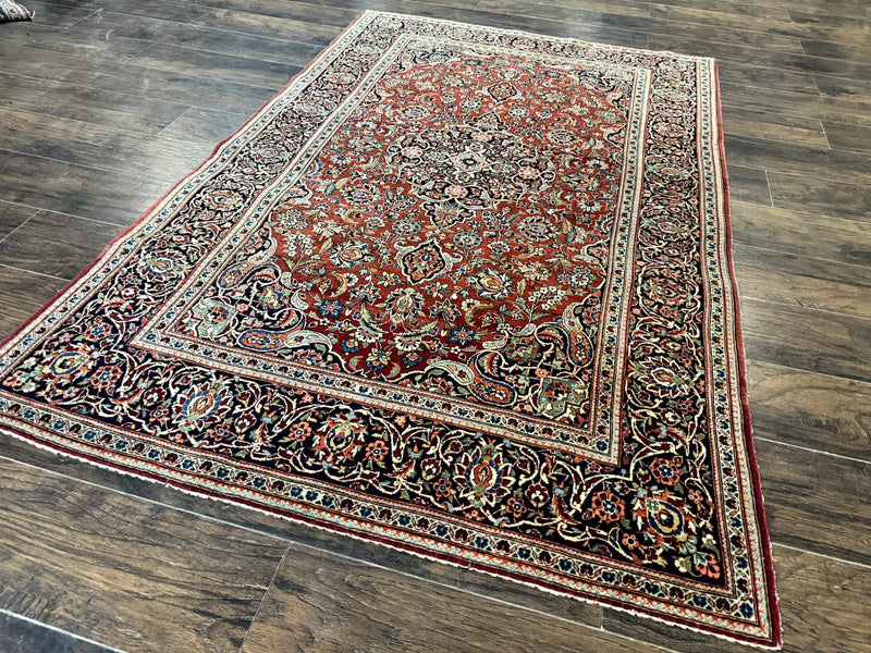 Persian Kashan Rug 4x7, Red and Navy Blue, Floral Antique Carpet by Jewel Rugs
