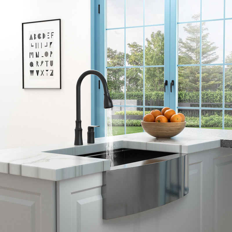 16.9" Kitchen Sink Faucet With Separate Handle And Pull Down Sprayer, Lead Free Brass - Matte Black by HouseOfZazla
