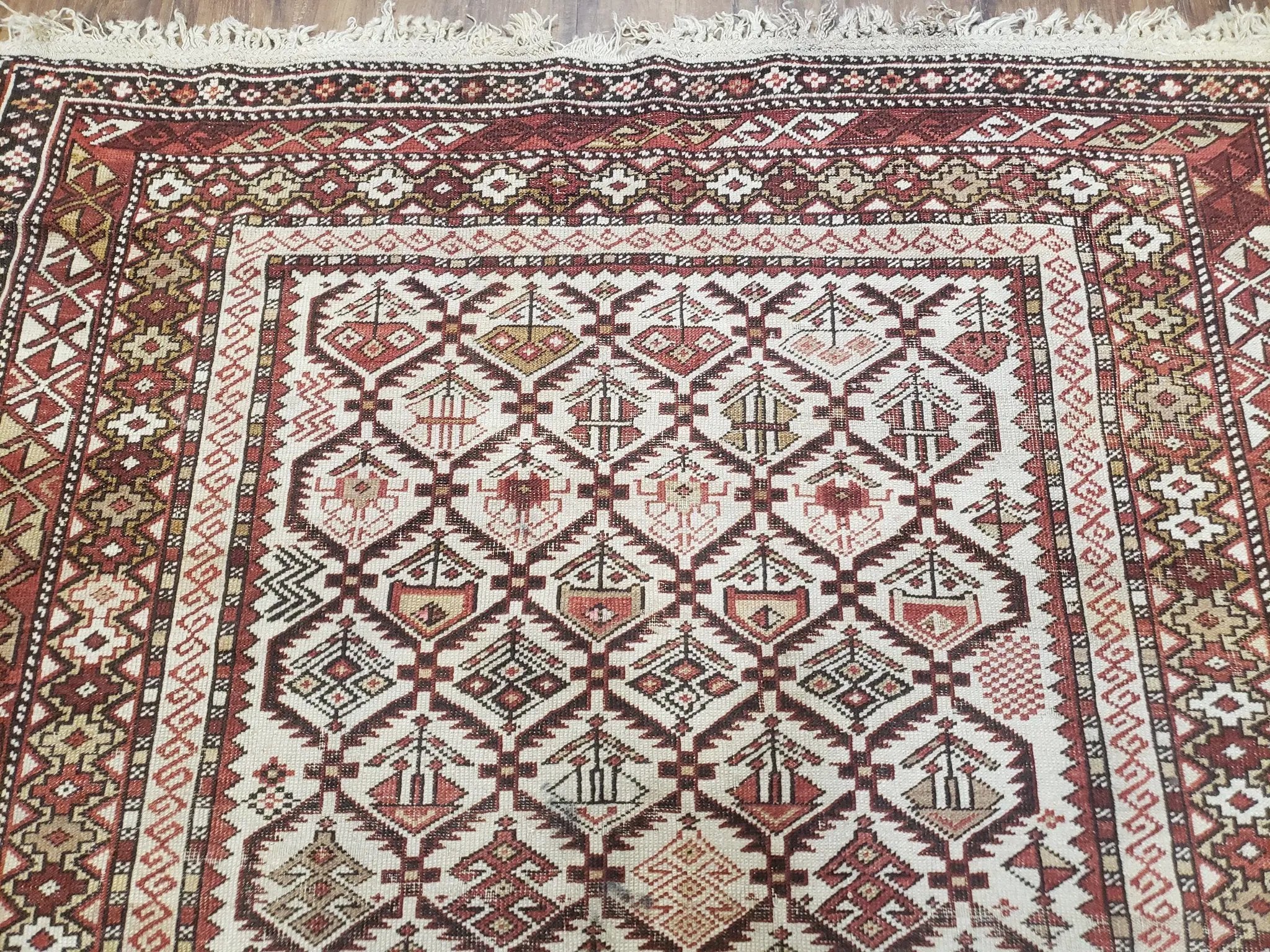 Antique Caucasian Shirvan Rug 4x6, Dagestan Area Rug, Wool Hand-Knotted Soft Red & Ivory 1920s Oriental Carpet, Soft Muted Colors by Jewel Rugs