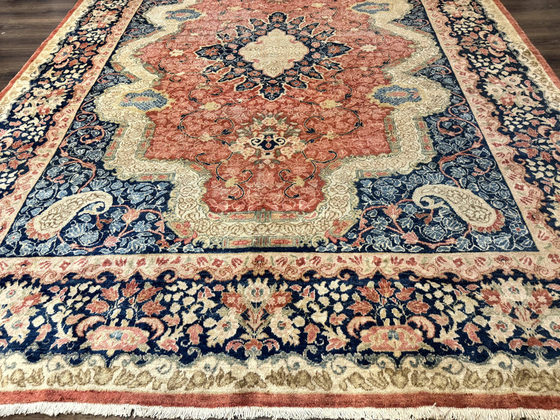 Antique Persian Sarouk Rug 9x12, Boteh Paisleys, Light Red Navy Blue by Jewel Rugs