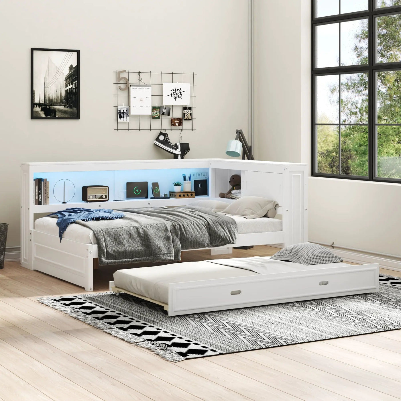 Daybed With Storage Shelves, LED, USB, And Trundle by HouseOfZazla