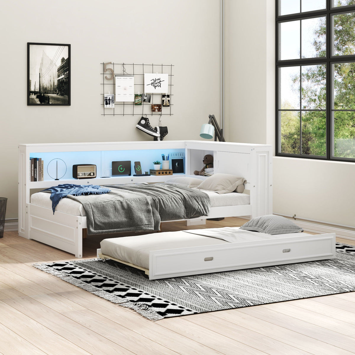 Full Size Daybed with Storage Shelves and Trundle - Dark Brown or White, photo 11 of 28