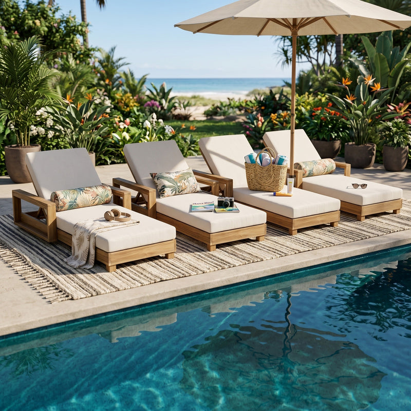 Acacia Wood Patio Chaise Lounge with Adjustable Backrest - Cream Cushion, photo 7 of 10