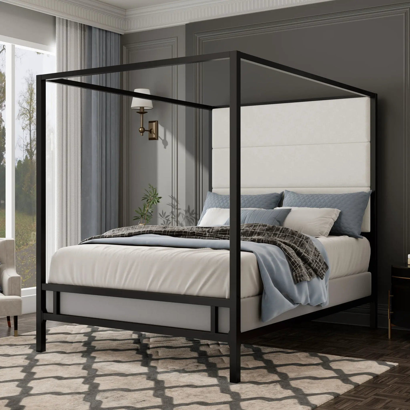 Canopy Bed With Tall Upholstered Headboard, 4 Poster Frame by HouseOfZazla