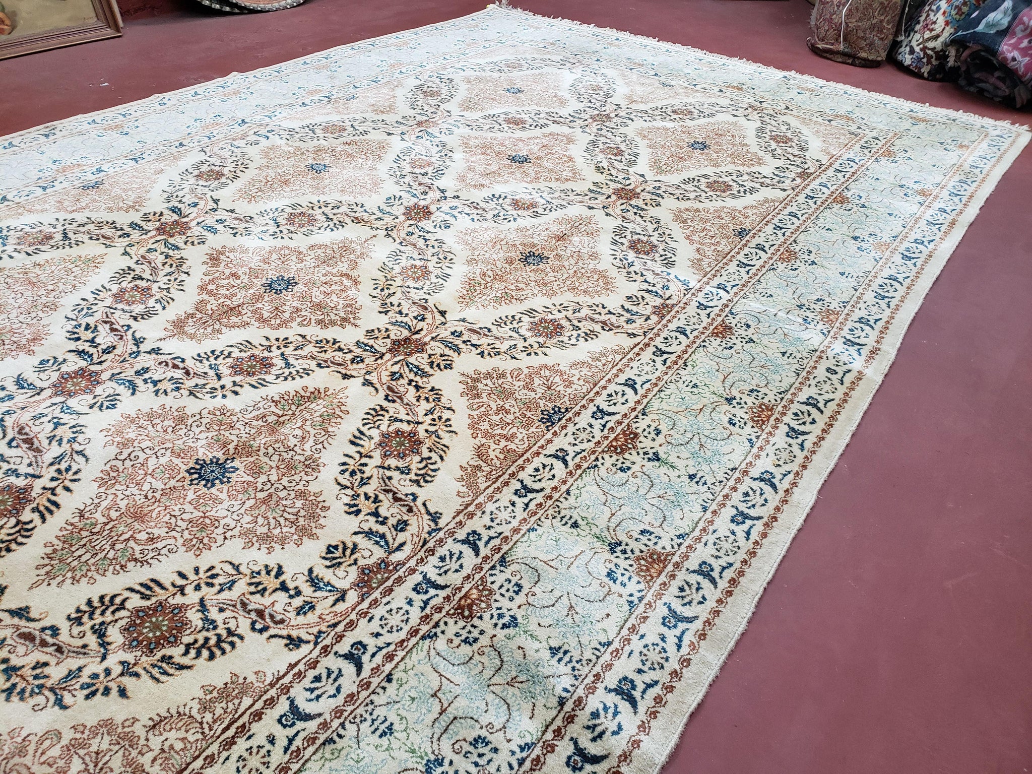 Fine Antique Persian Light Colored Kashan Carpet, 7x12, Top Quality, Rare, Ivory & Blues, Hand-Knotted, Wool by Jewel Rugs