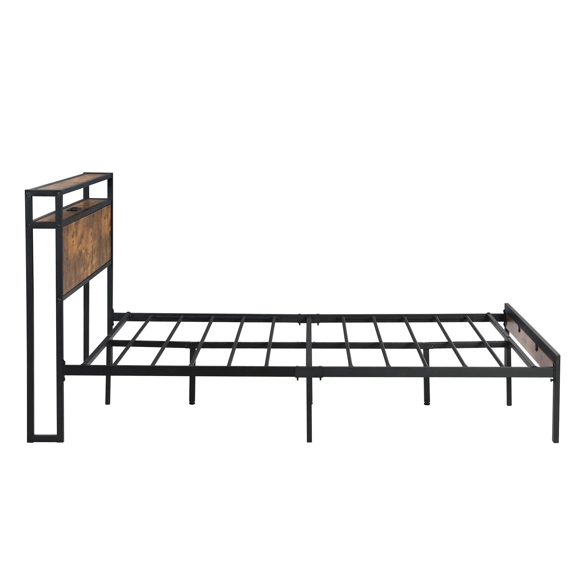 Metal Platform Bed Frame With Wooden Headboard And Footboard With USB Liner, No Box Spring Needed, Under Bed Storage by HouseOfZazla