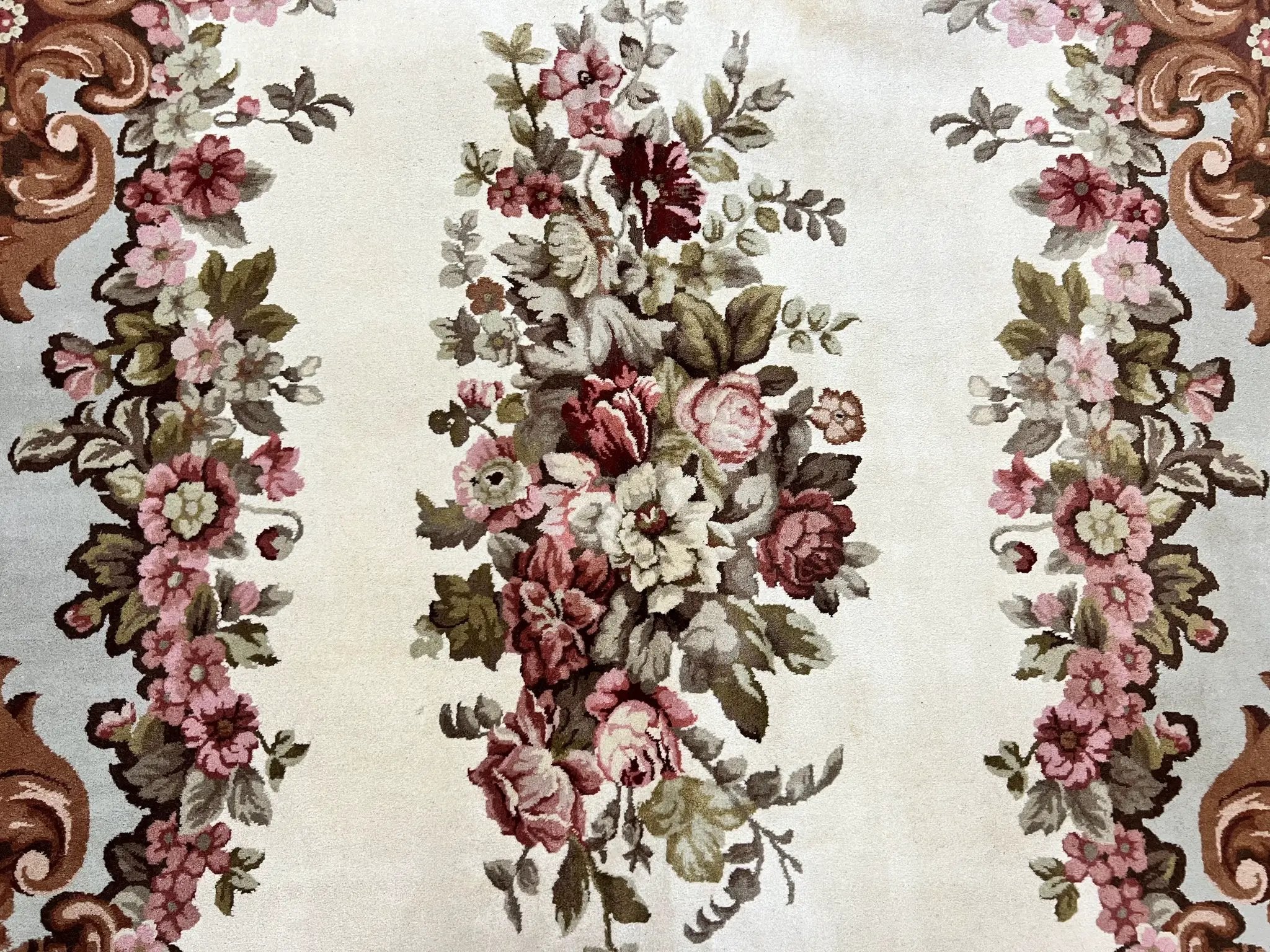 Aubusson Rug 10x13, Cream and Light Mint Green Hand Knotted Handmade French Savonnerie European Carpet, Wool Pile, Large Room Sized Vintage by Jewel Rugs