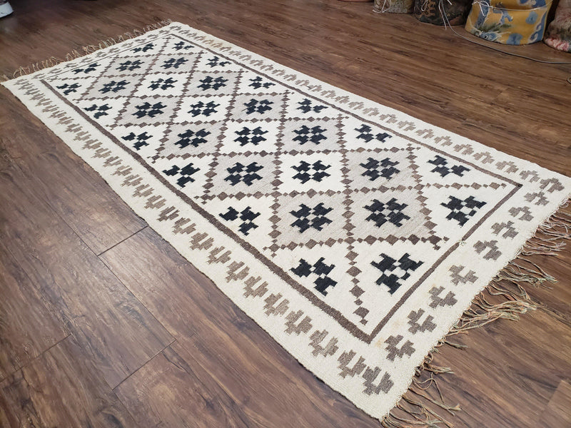 Semi Antique South American Blanket 4x8, Wool Hand-Woven Flatweave Kilim Rug, Handmade Antique Vintage Runner, Ivory & Blue, Diamond Panel by Jewel Rugs