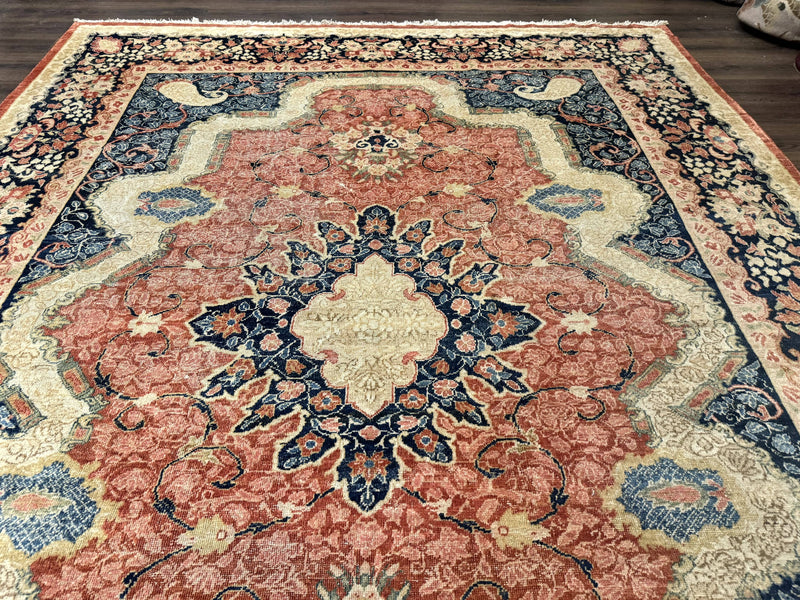 Antique Persian Sarouk Rug 9x12, Boteh Paisleys, Light Red Navy Blue by Jewel Rugs
