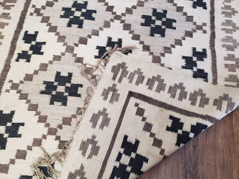 Semi Antique South American Blanket 4x8, Wool Hand-Woven Flatweave Kilim Rug, Handmade Antique Vintage Runner, Ivory & Blue, Diamond Panel by Jewel Rugs